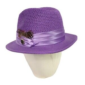 Men's MONTIQUE Purple Pinch Braided Fedora Hat L Large Satin Ribbon Feather